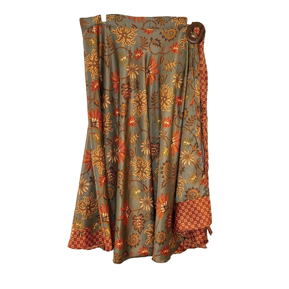 PitheCanThropus Bali Wrap Midi Skirt Tie Waist Floral Brown Rust Hippie Boho OS